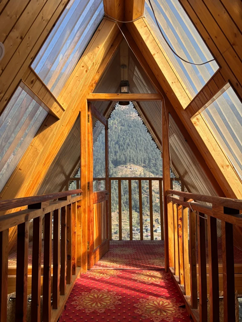 Cozy café interior with mountain views