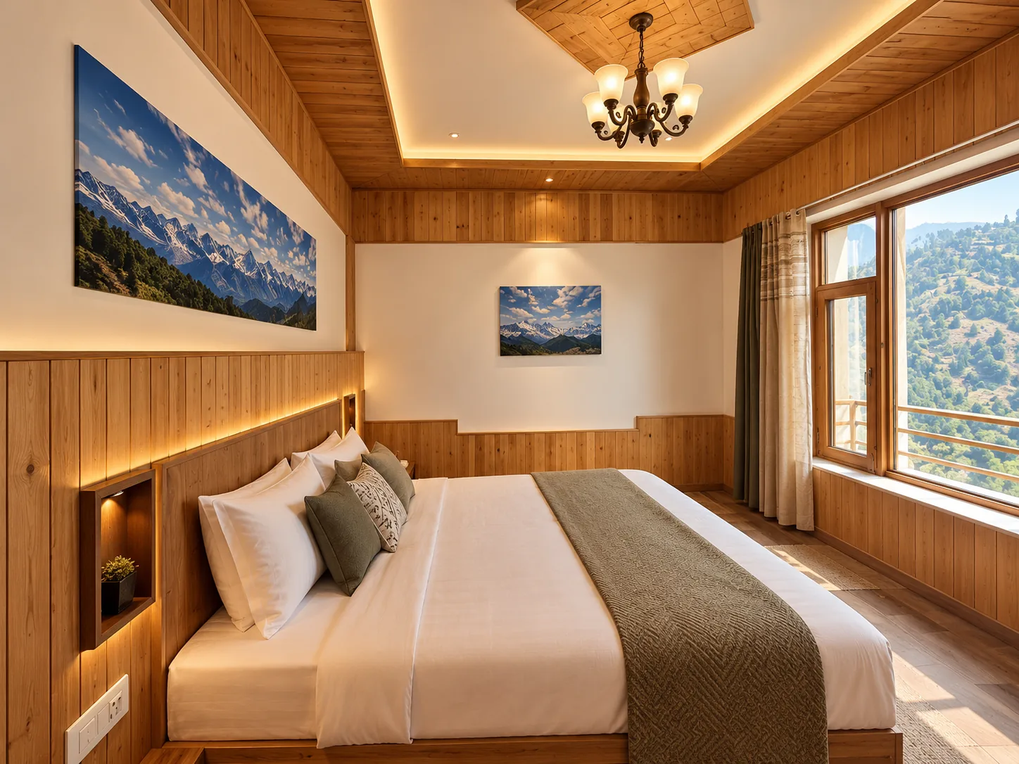 Deluxe room bedroom with wood-panelled walls, a large bed, framed mountain paintings and a window onto forested hills